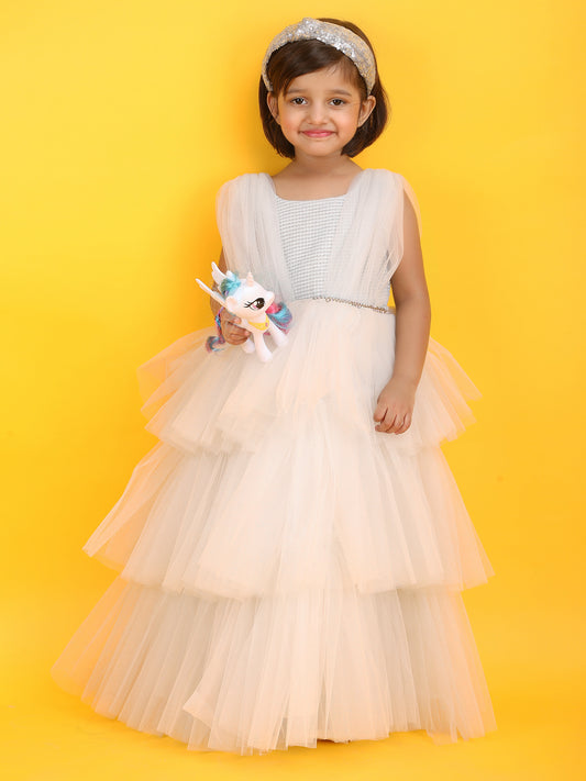 Girls white knee length Party frock m240014