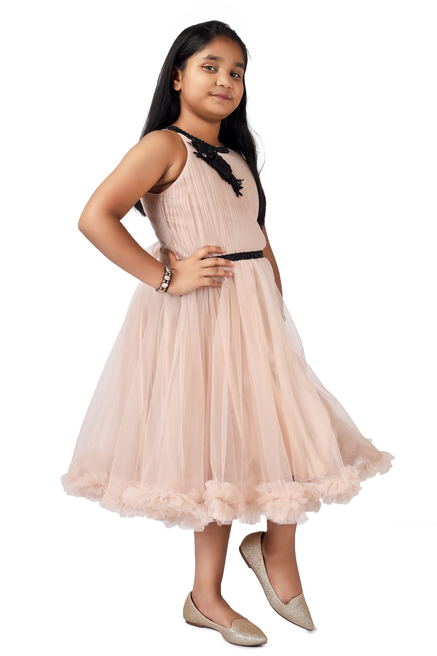 Girls champagne knee length Party frock m234101