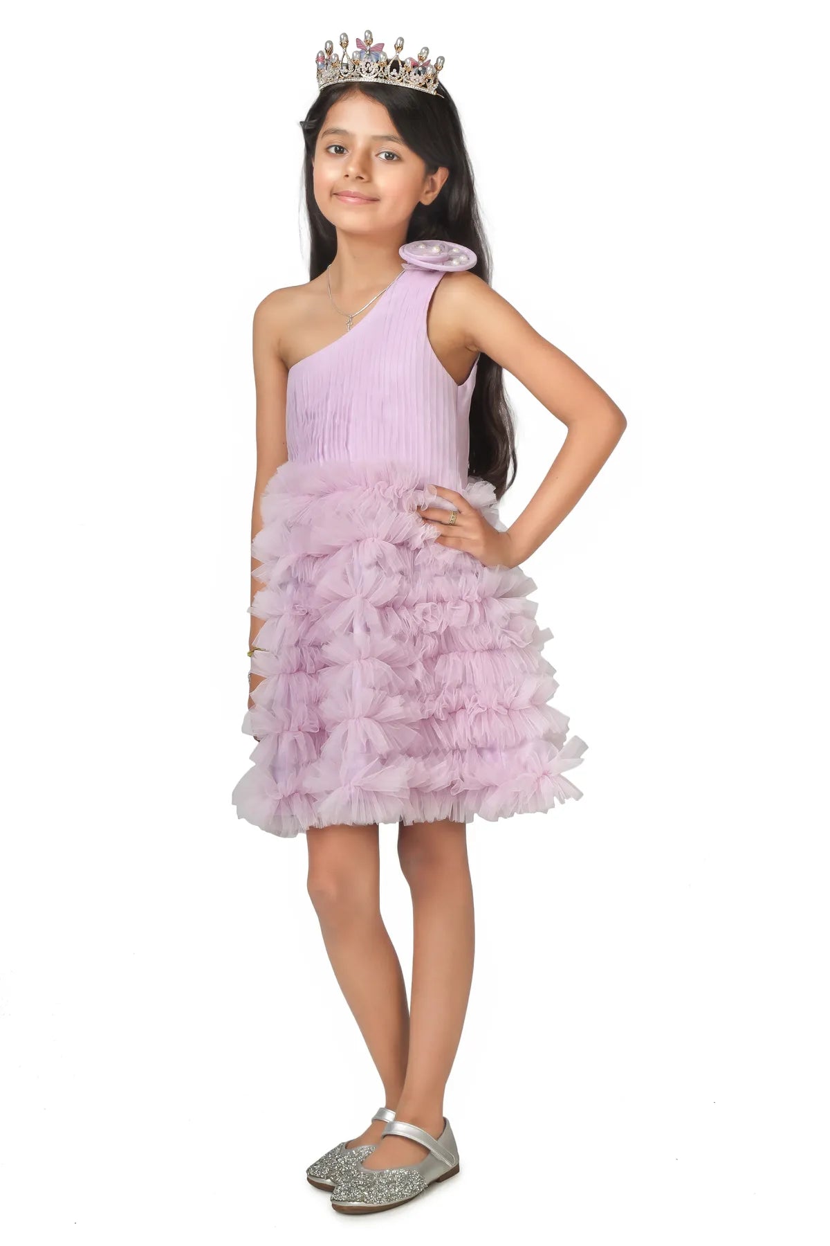 Purple One Shoulder Lilac Frilled Dress For Girls