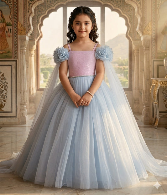 Pink Floral Embroidered Net Gown Length Party Dress for Girls