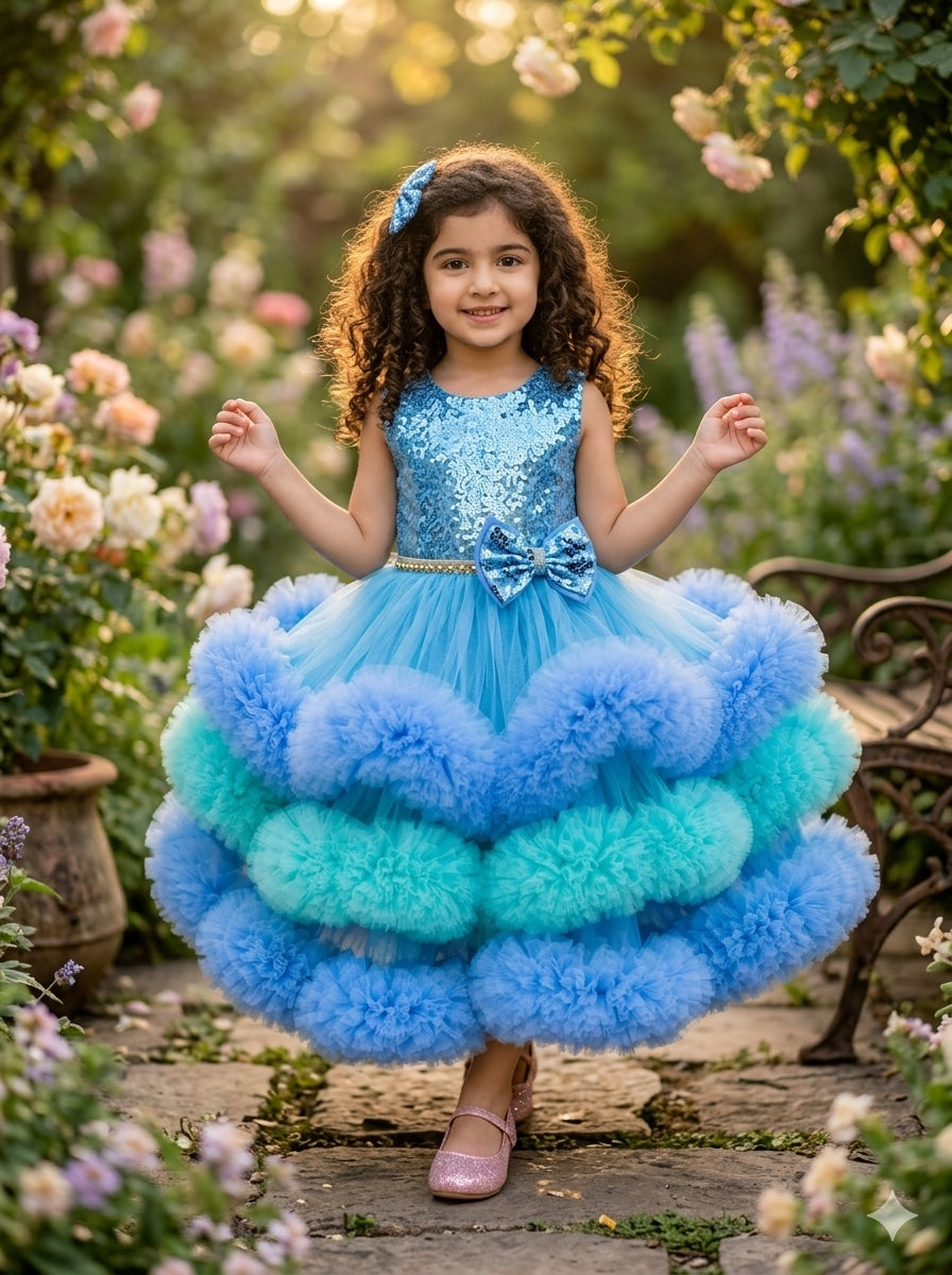 blue flared Birthday Party Frock for Girls m260298