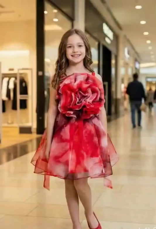 Girls Red knee length Casual frock m240062